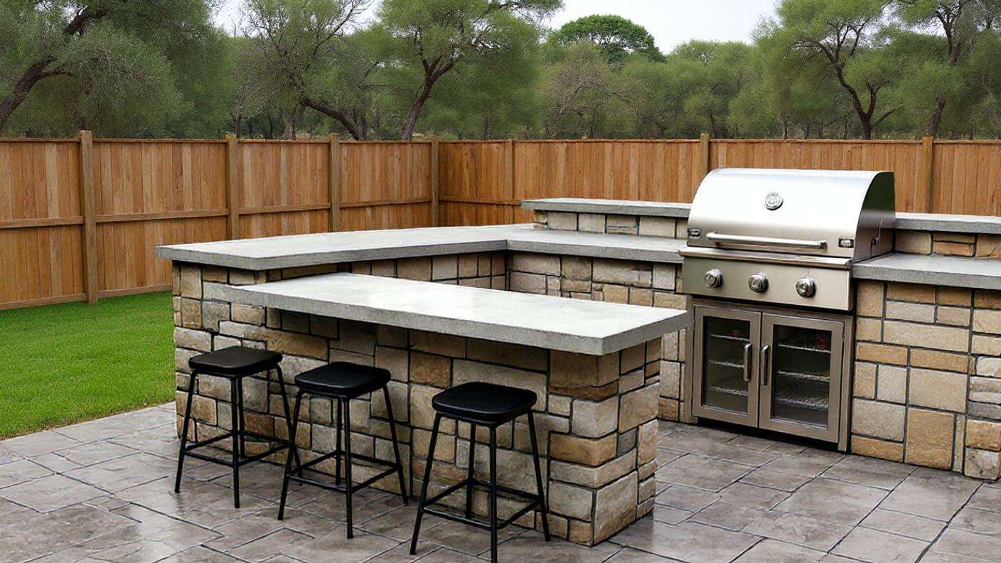 Outdoor backyard kitchen with a built-in grill, stone countertop, three black barstools, a wooden privacy fence, green grass, and trees in the background. Stamped Concrete, Outdoor Kitchen, Concrete Countertops, Colored Concrete, Stamped Concrete