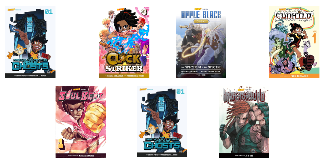 Collection of eight comic book and graphic novel covers featuring diverse characters and artwork styles.