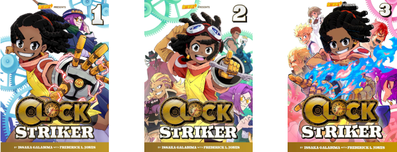 Book covers for the series 'Clock Striker' with animated characters, including a girl with dreadlocks in action poses, set against colorful backgrounds.