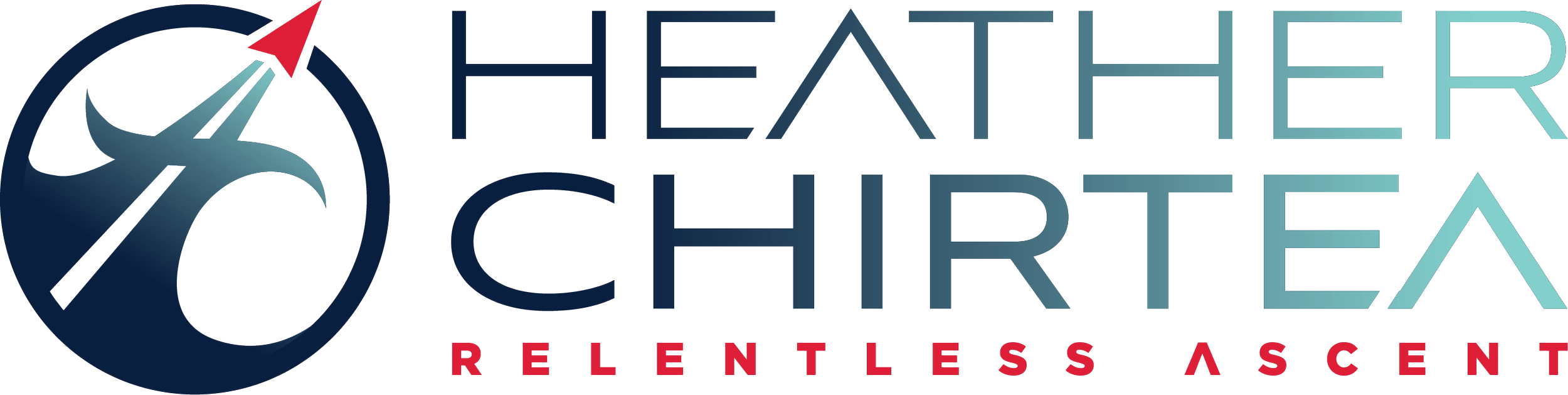 Logo for Heather Chirtie Rentals & Ascent featuring a dark blue circle with a mountain and arrow graphic, and the text 'Heather Chirtie' in large blue lettering with 'Rentals & Ascent' in red below.