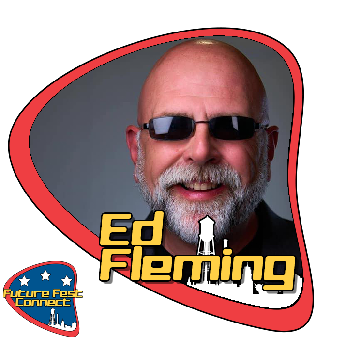 A middle-aged man with a bald head, white beard, and glasses smiling. The image features a stylized graphic design with red border, including the name 'Ed Fleming' and logos related to 'Future Fast Connect' and a lighthouse silhouette.