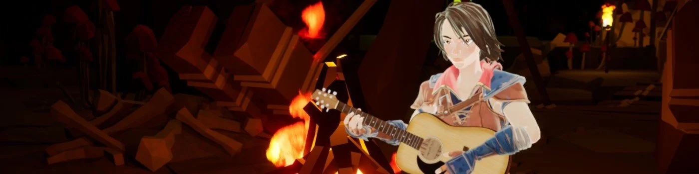 Omar Abdelwahed's animated girl with short brown hair playing guitar near campfire at night.