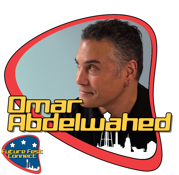 Close-up of Omar Abdulwahid with a black background and a stylized graphic of a city skyline and stars in the lower left corner, along with the text "Omar Abdulwahid" in yellow and black font and the logo "Future Fast Connect."