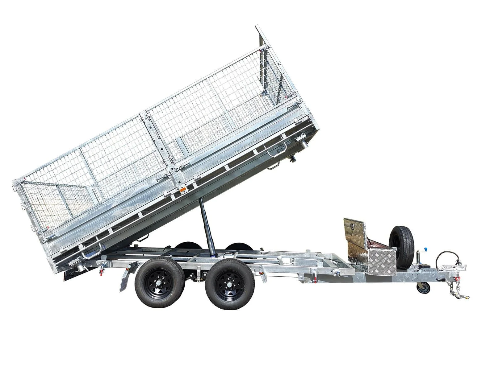 12x7 3-way flat top tipper in raised tipping position