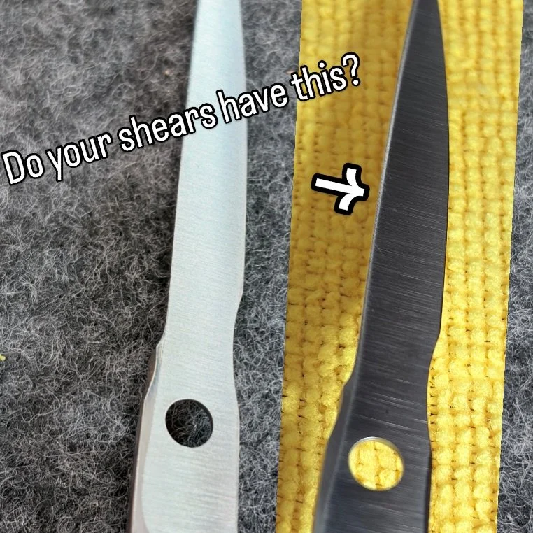 Before and after of a shear with the rideline removed. The rideline is a small flat section of metal along the edge of the blade &mdash; this is what allows the shear to cut properly. If your shear is supposed to have a rideline but doesn&rsquo;t, it