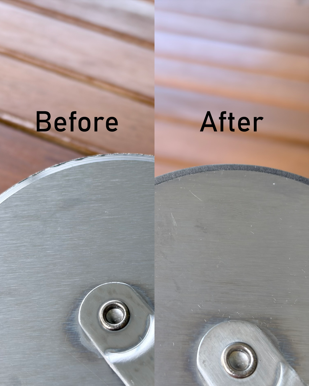 Side-by-side comparison of a metal blade, with the left labeled 'Before' showing a dull, scratched surface, and the right labeled 'After' showing a cleaner, polished surface, on a wooden background.