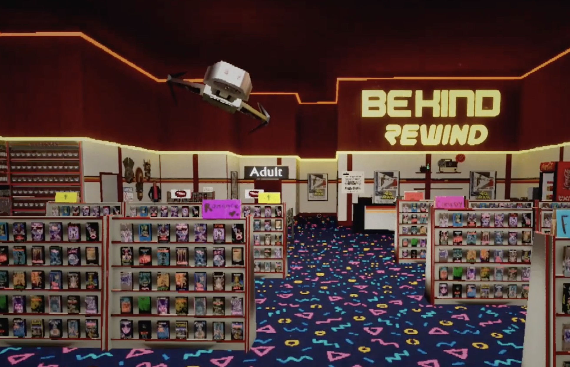 Inside a video store with vibrant carpet, shelves filled with DVDs, neon signs that say "Behind Rewind,".