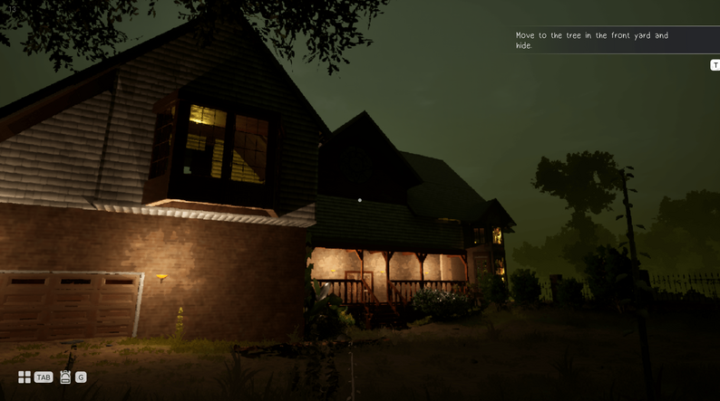 A two-story house with a brick base and wooden upper part, illuminated by lights, with a porch and trees around it at night.