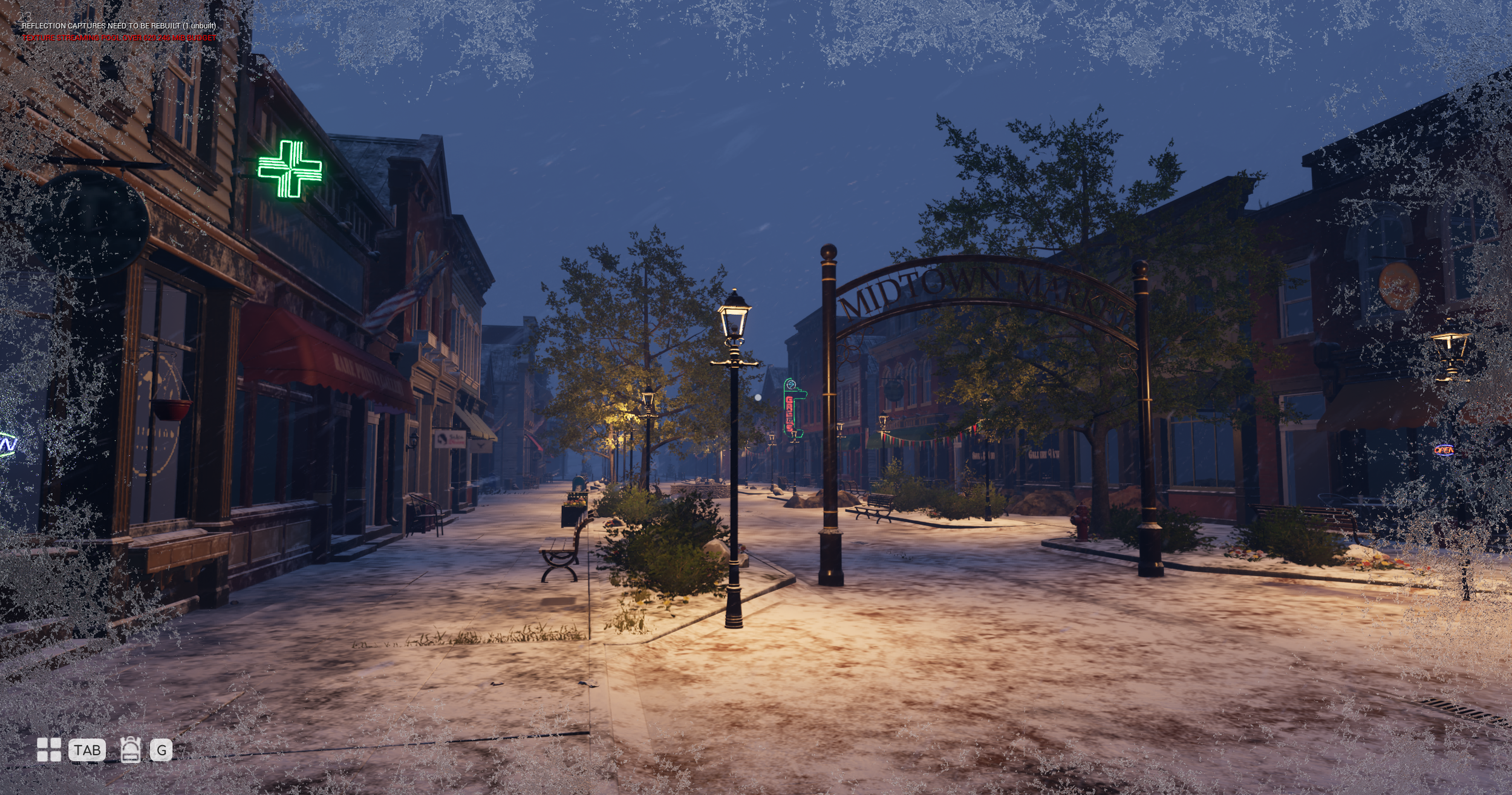 Snow-covered street scene in Sycamore Grove with vintage brick buildings and illuminated street lamps during snowfall.