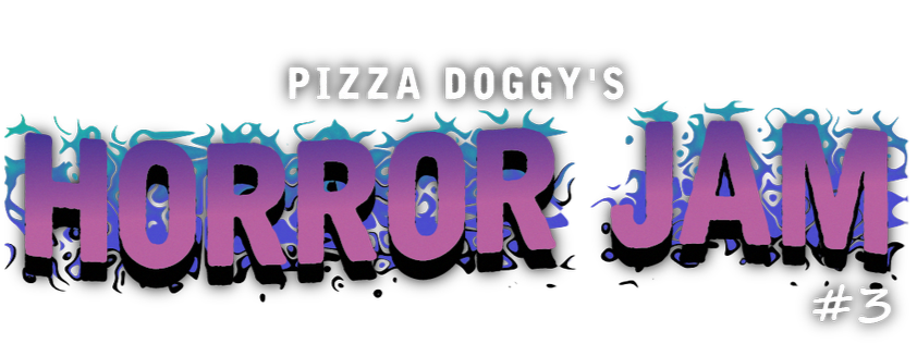 Logo for Pizza Doggy's Horror Jam #3 with purple text and blue horror-themed graphics on a black background.