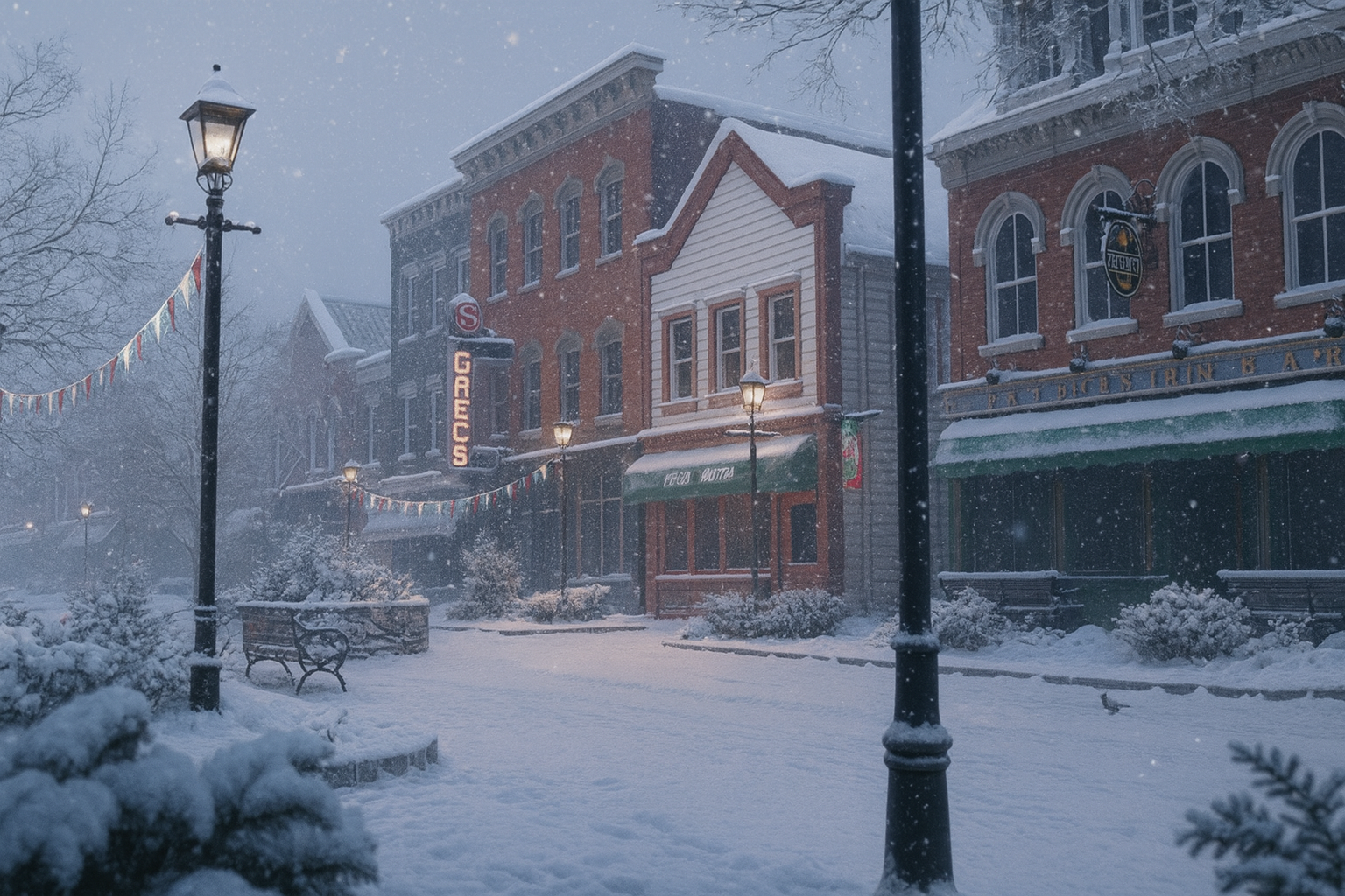 Snow-covered street scene in Sycamore Grove with vintage brick buildings and illuminated street lamps during snowfall.