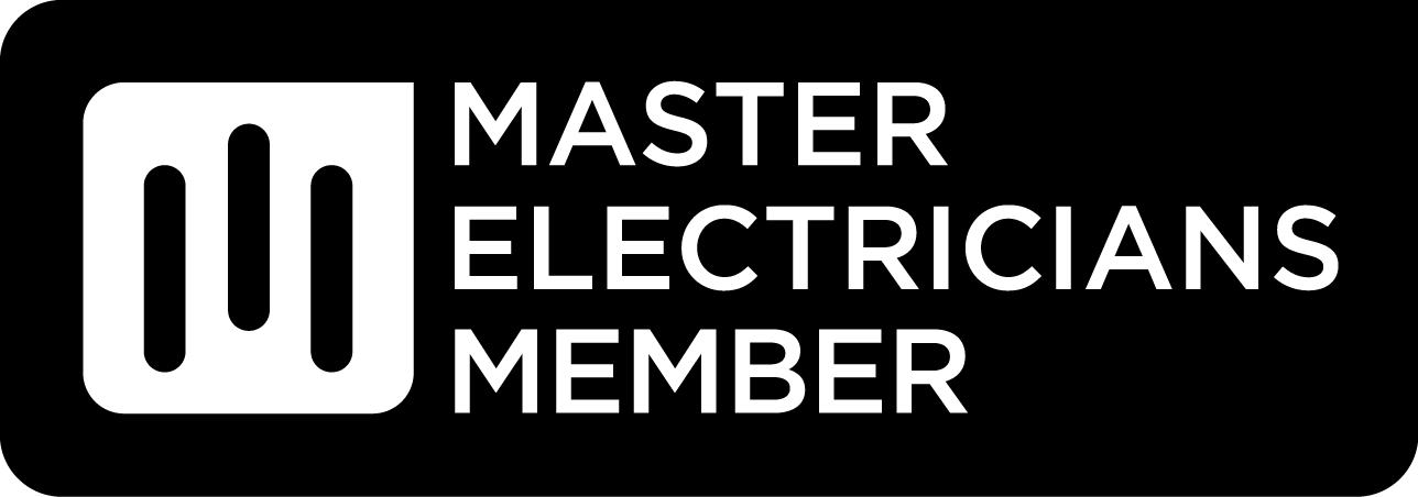 Black background with white logo and text reading "Master Electricians Member" and a stylized letter M icon.