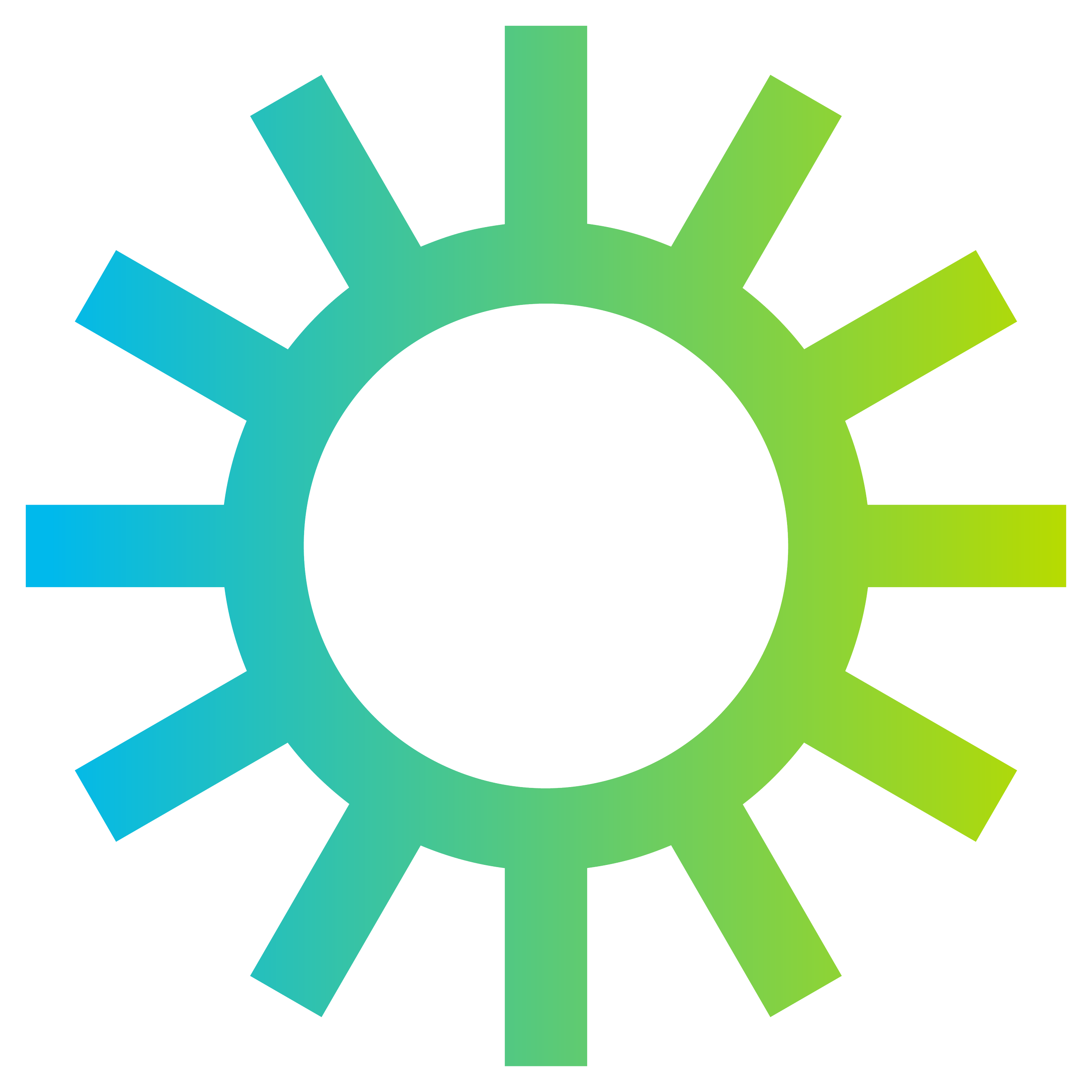 A circular diagram with 11 petal-shaped segments in shades of blue to green, resembling a gear or sunburst.