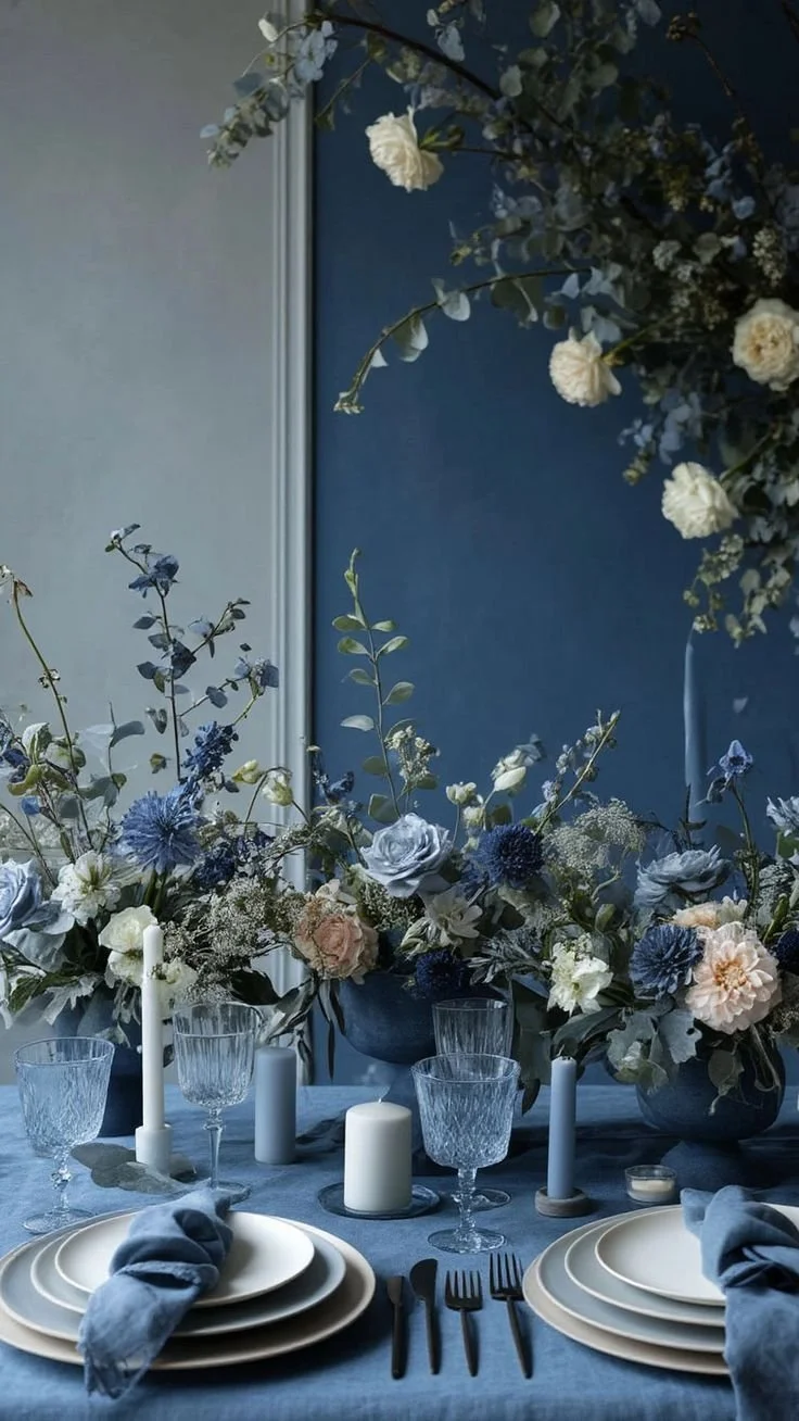 Elegant dining table with blue and white floral centerpiece, white candles, glassware, and blue napkins.