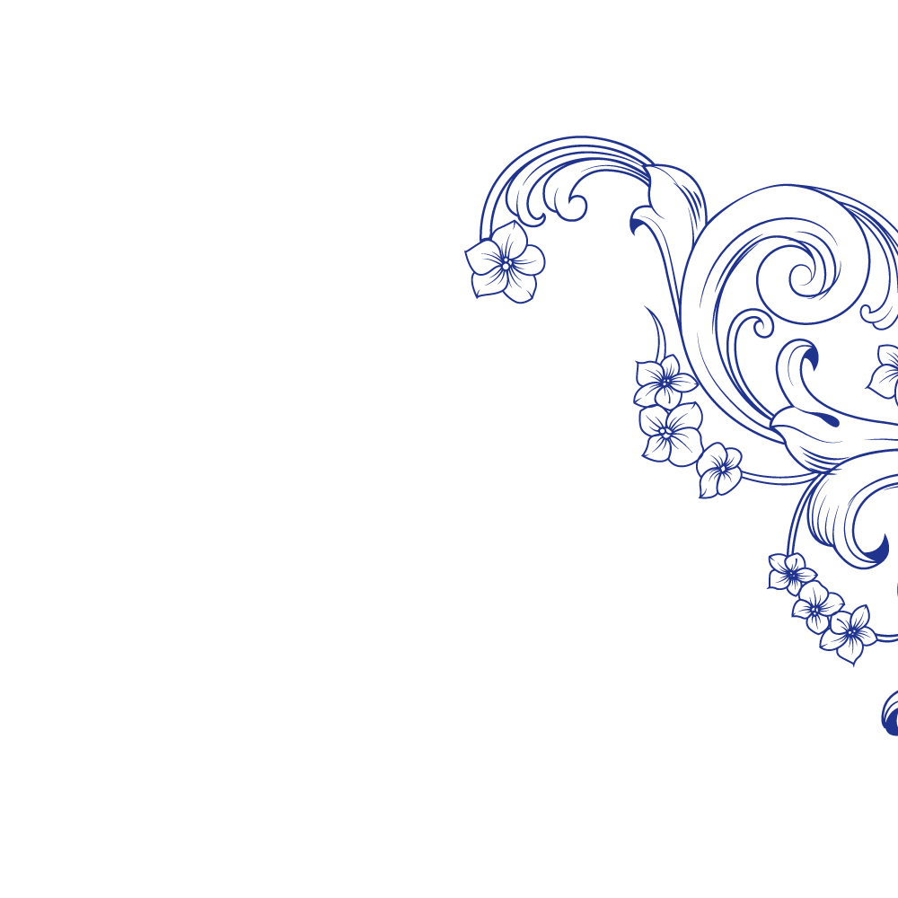Black background with a blue floral design in the bottom right corner.