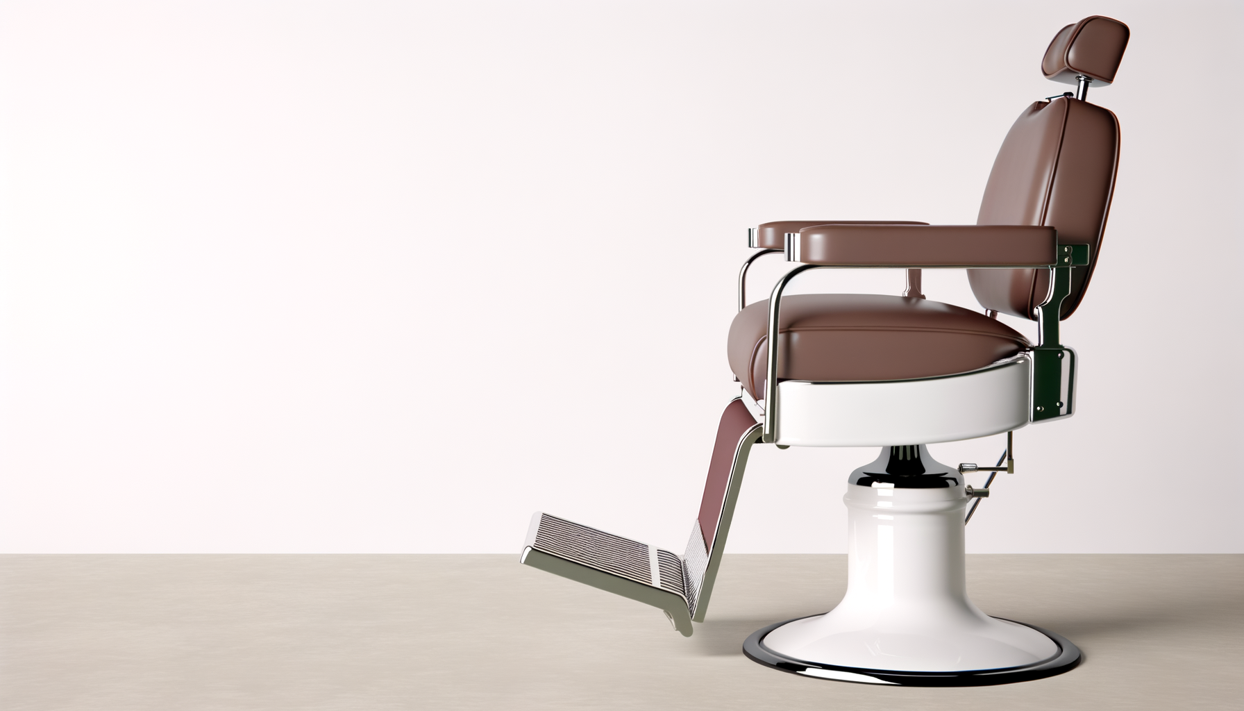 Vintage brown barber chair with footrest, set against a light background.