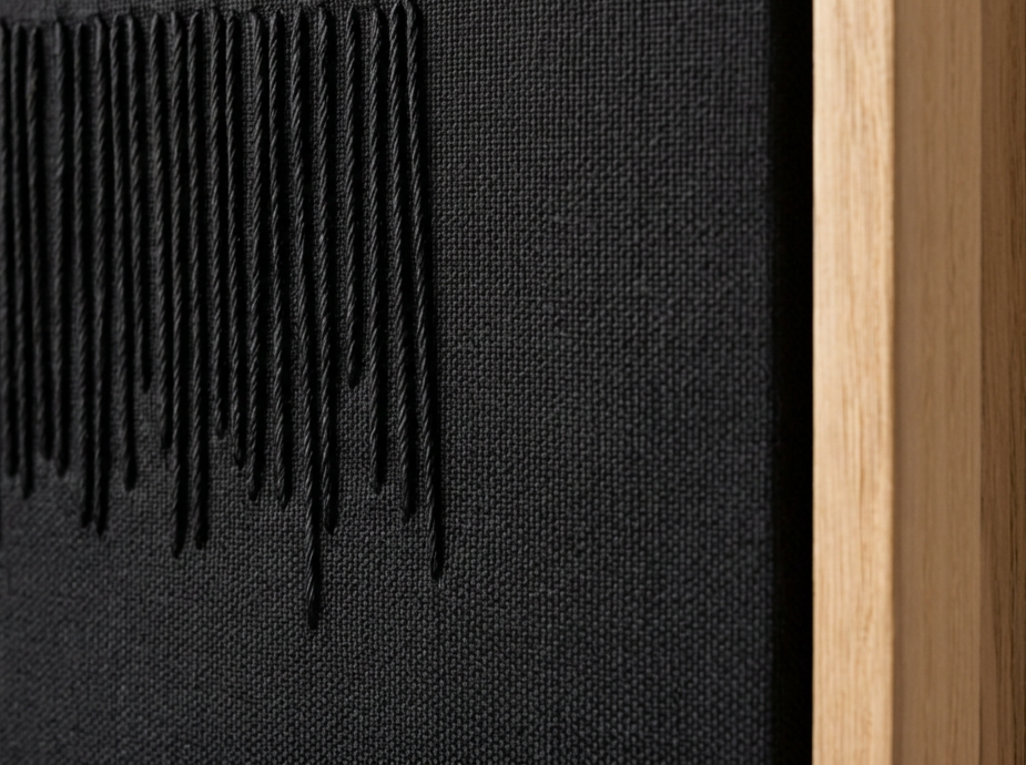 Detalle de una pared de tela negra con un diseño de líneas en relieve y una estructura de madera a la derecha.