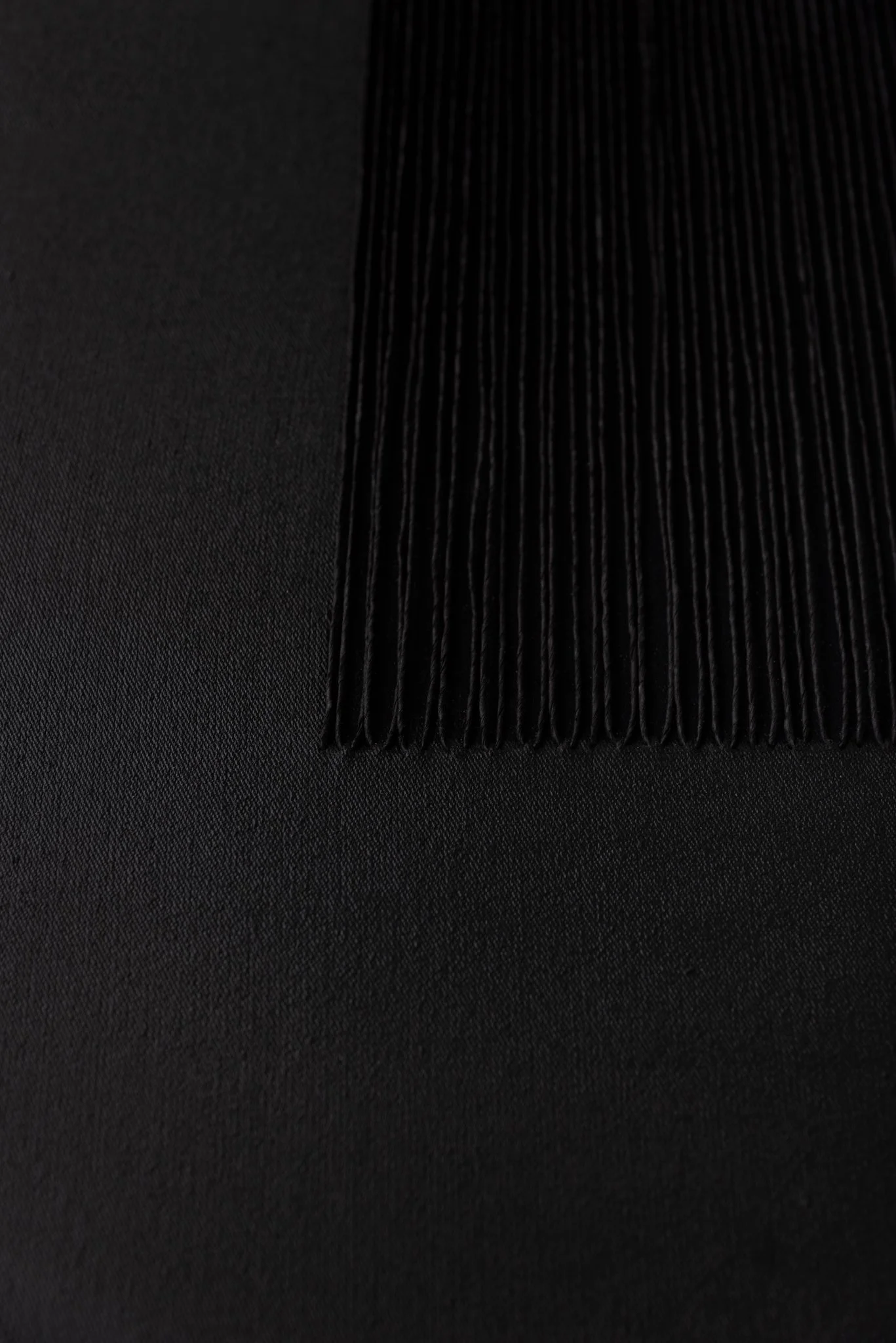 Detalle de Formas Silentes N°3 de Mónica Gagliardi, superficie negra, textura y bordado con hilo de papel.