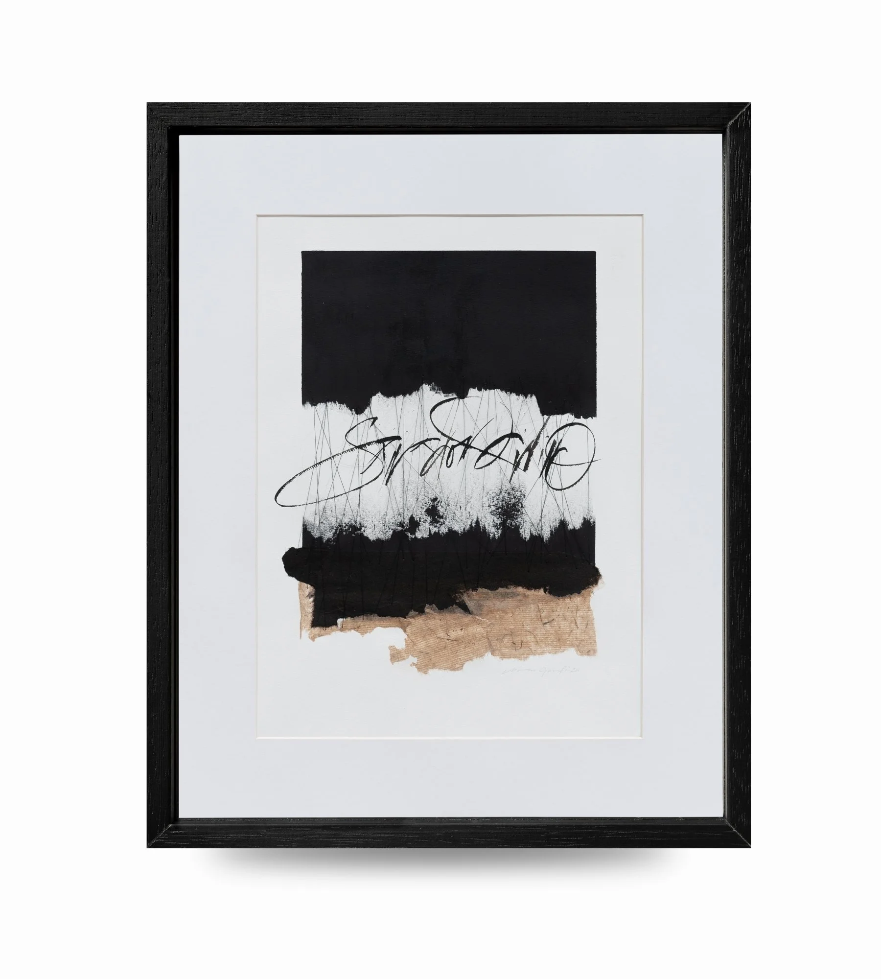 Rafa, Sanador Divino, obra de collage y caligrafía gestual de Mónica Gagliardi realizada con papel de fibras de morera, hilo de papel y tinta sobre papel de algodón.