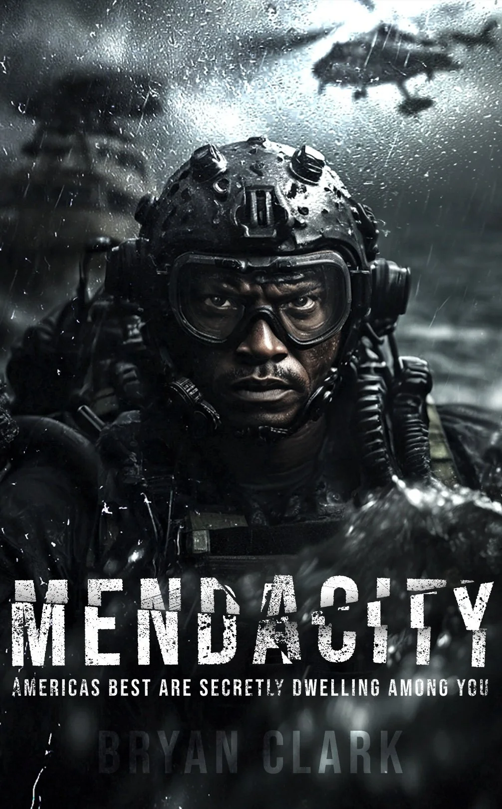 Mendacity Part 1 book cover featuring a man in tactical gear rising out of the water.