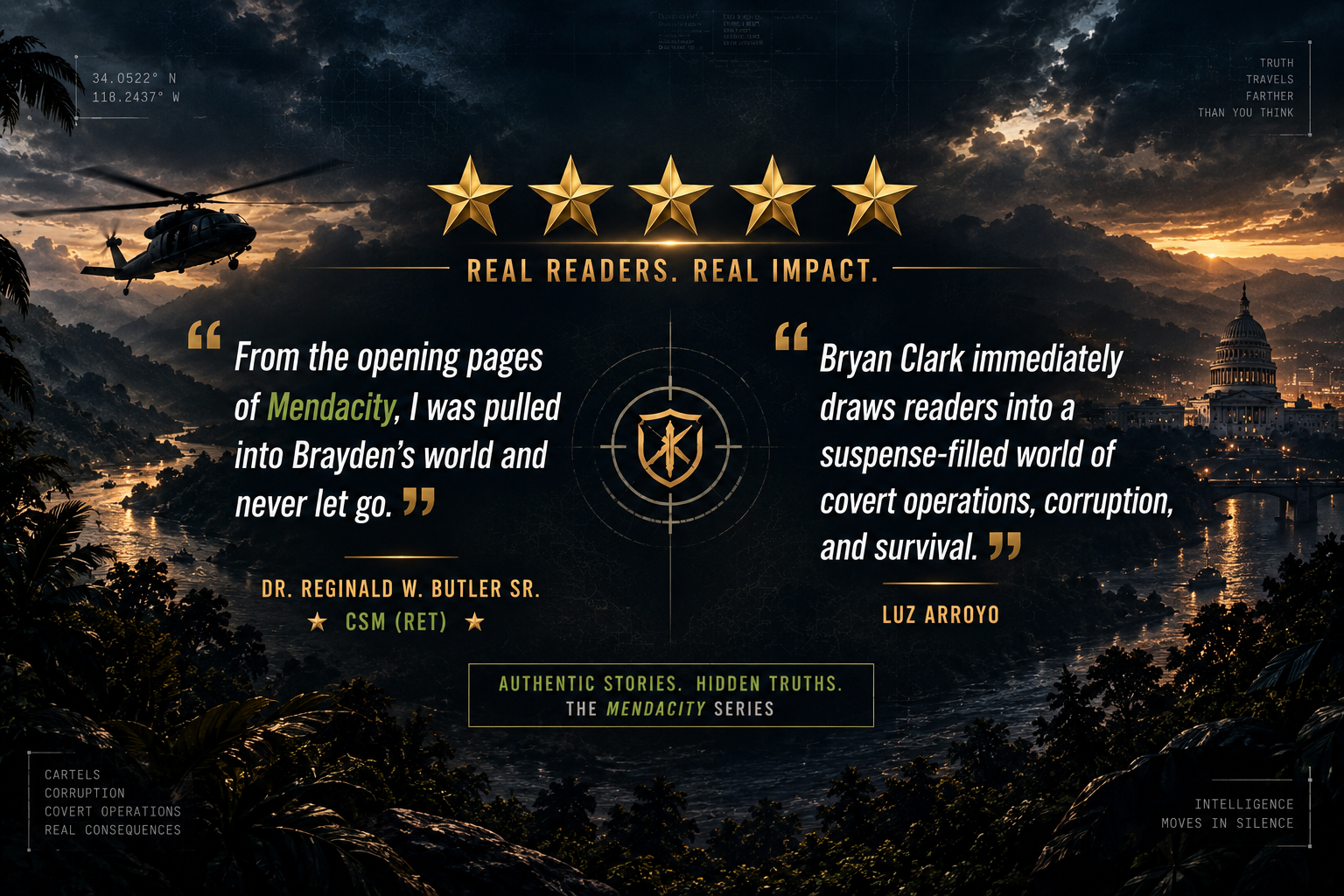 From the opening pages of Mendacity, I was pulled into Brayden's world and never let go. — Dr. Reginald W. Butler Sr., CSM (Ret)