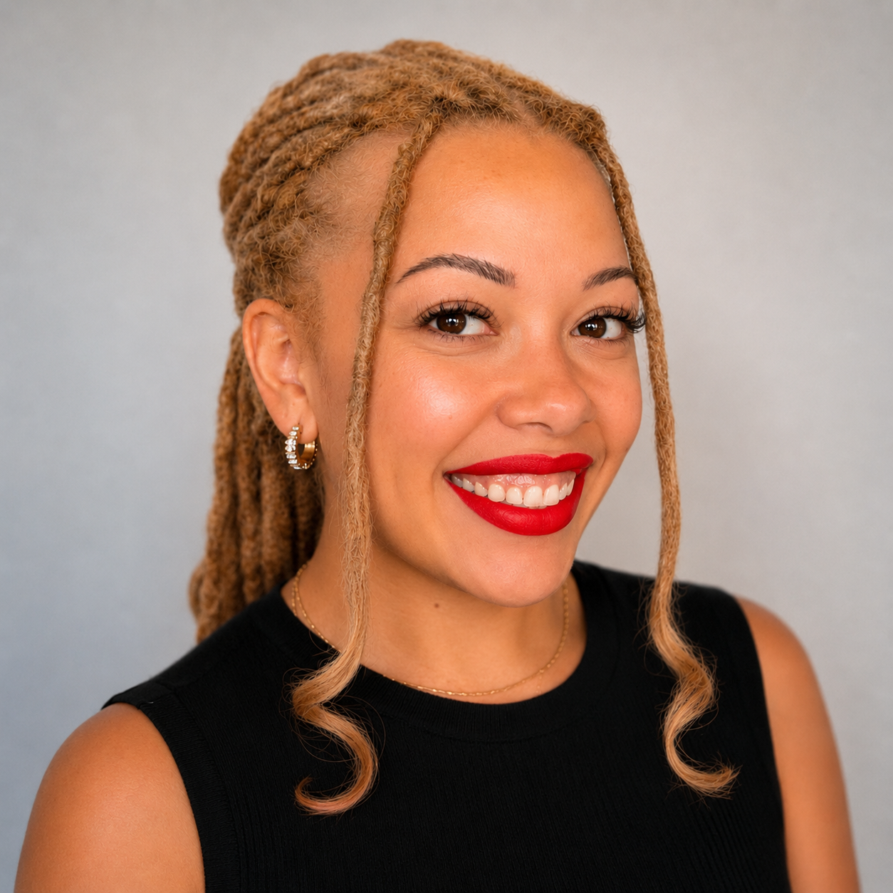A smiling woman with blonde dreadlocks, red lipstick, wearing earrings, a black sleeveless top, and a gold necklace against a light gray background.