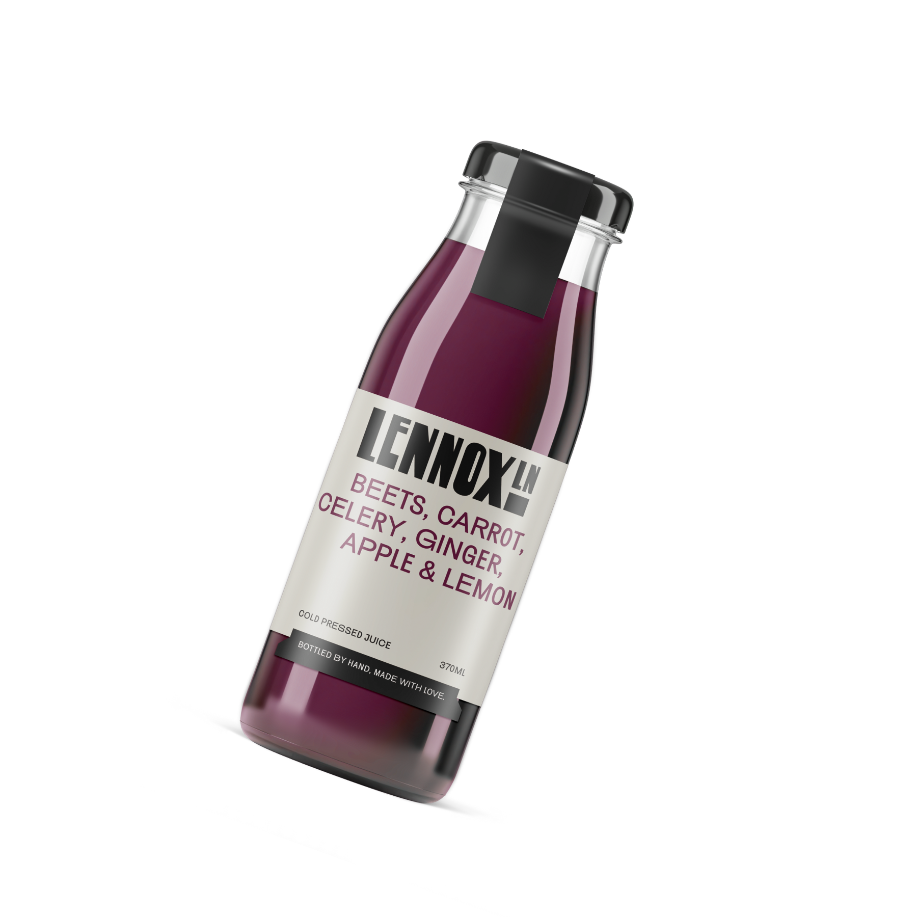 Bottle of cold-pressed juice labeled 'LENNOX' with flavors including beets, carrot, celery, ginger, apple, and lemon, displayed leaning against a gray surface.