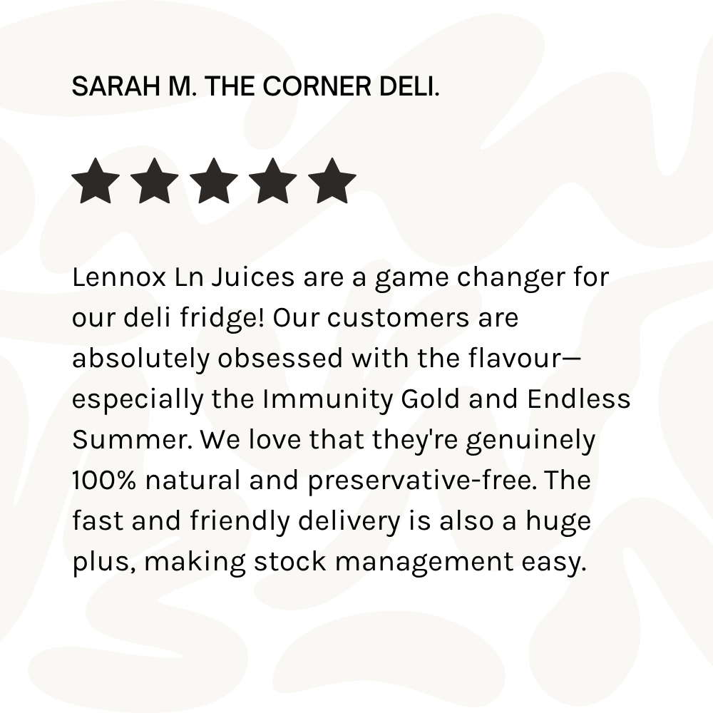 Coupon or review for Sarah M. from The Corner Deli with a five-star rating and comments about Lennox Ln Juices, highlighting their natural ingredients and quick delivery.