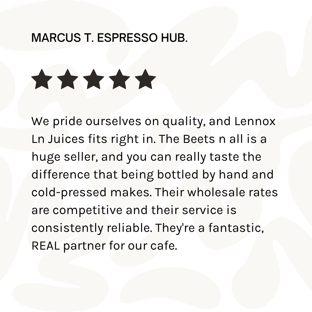 A sign for Marcus T. Espresso Hub featuring five black stars and customer praise about their coffee and service.