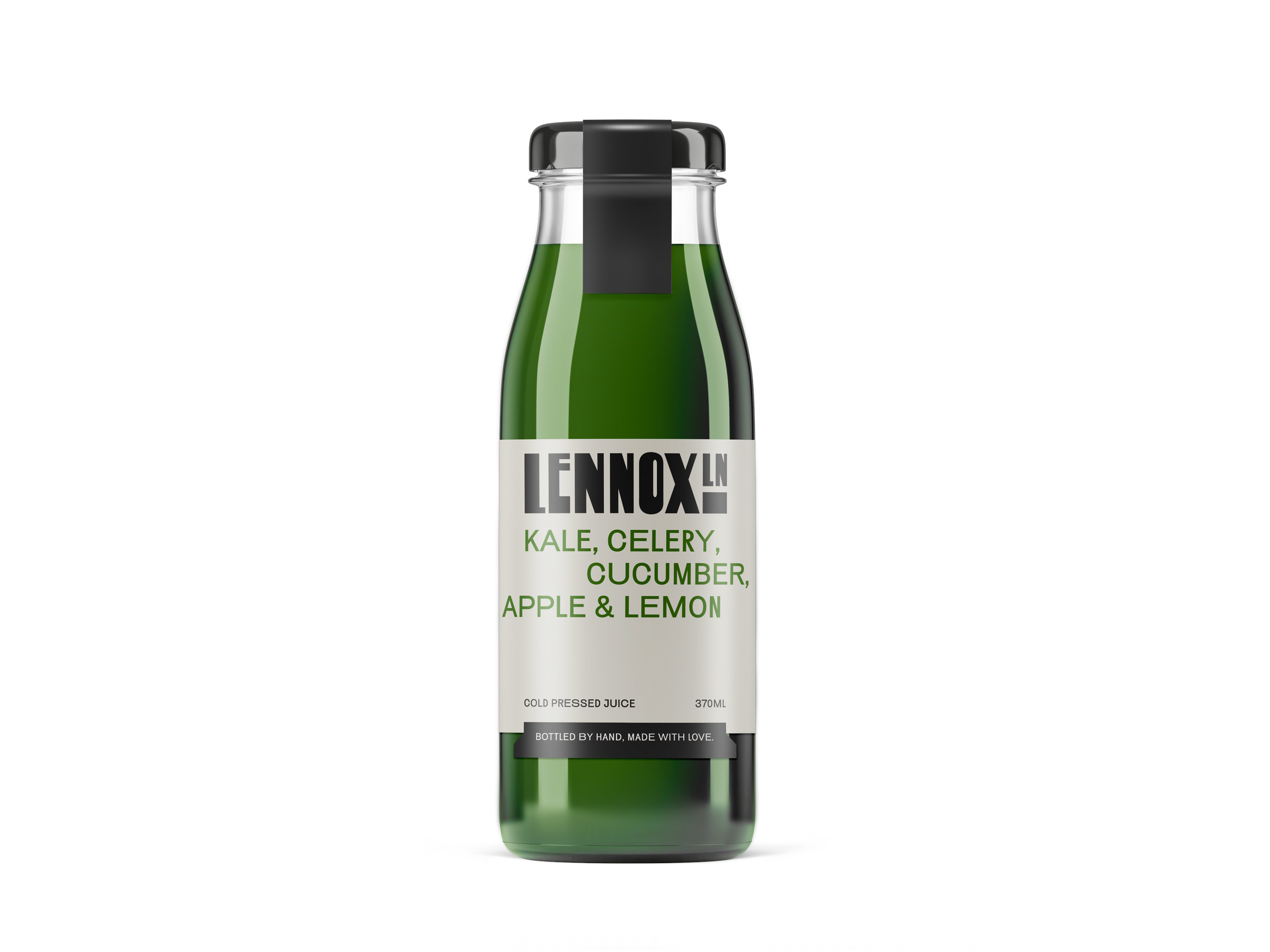 Green glass bottle of Lennox brand cold pressed juice with a white label, listing ingredients: kale, celery, cucumber, apple, and lemon, against a two-tone black and white abstract background.