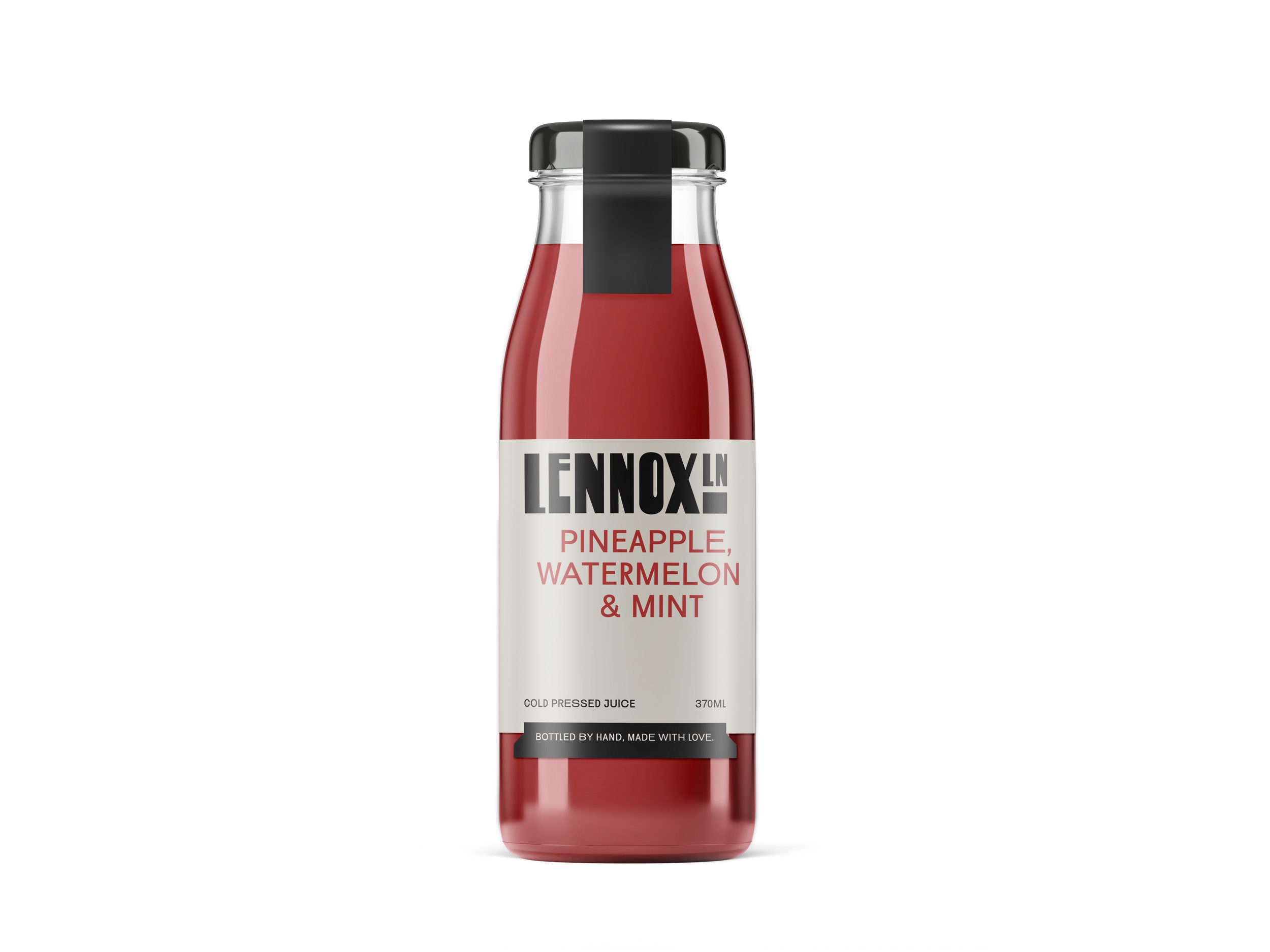 A bottle of Lennox cold pressed juice with flavor pineapple, watermelon, and mint, in a glass bottle with black cap, against a minimal background.
