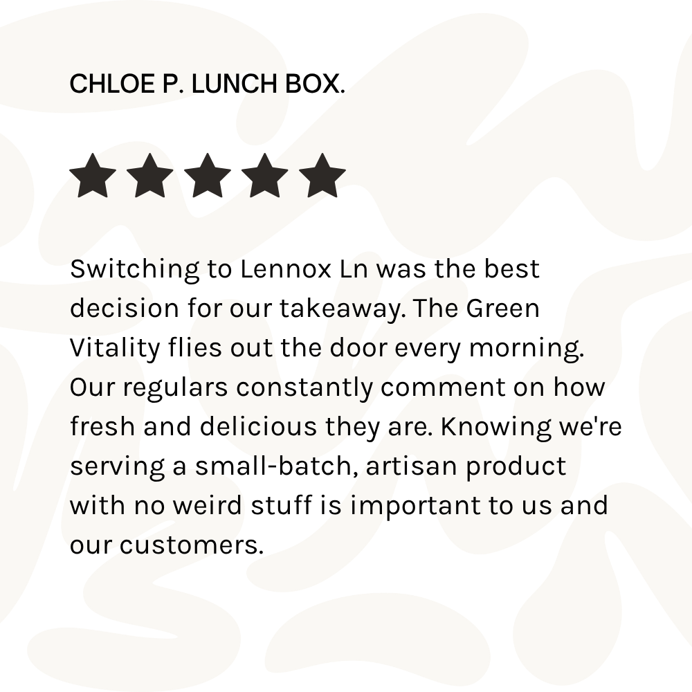 Customer review for Chloe P. lunch box with a 5-star rating, praising the new product and emphasizing freshness and quality.