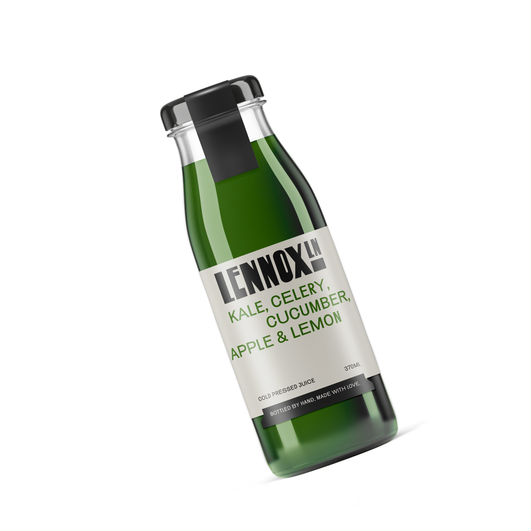 A green bottle of cold-pressed juice with a black cap and black strap, labeled 'Lennox in Kellogg, Minnesota, with flavors kale, celery, cucumber, apple, and lemon, 370ml.'