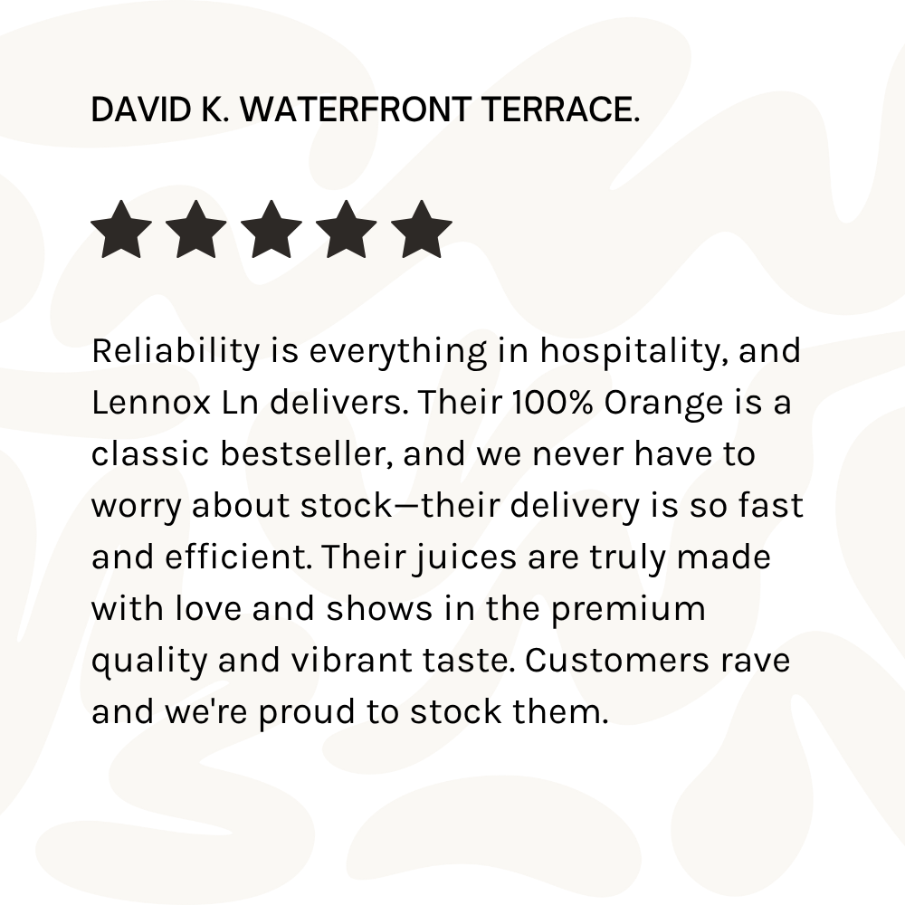 Customer review for David K. Waterfront Terrace with a five-star rating, praising the reliability of Lennox Ln's delivery and product quality.