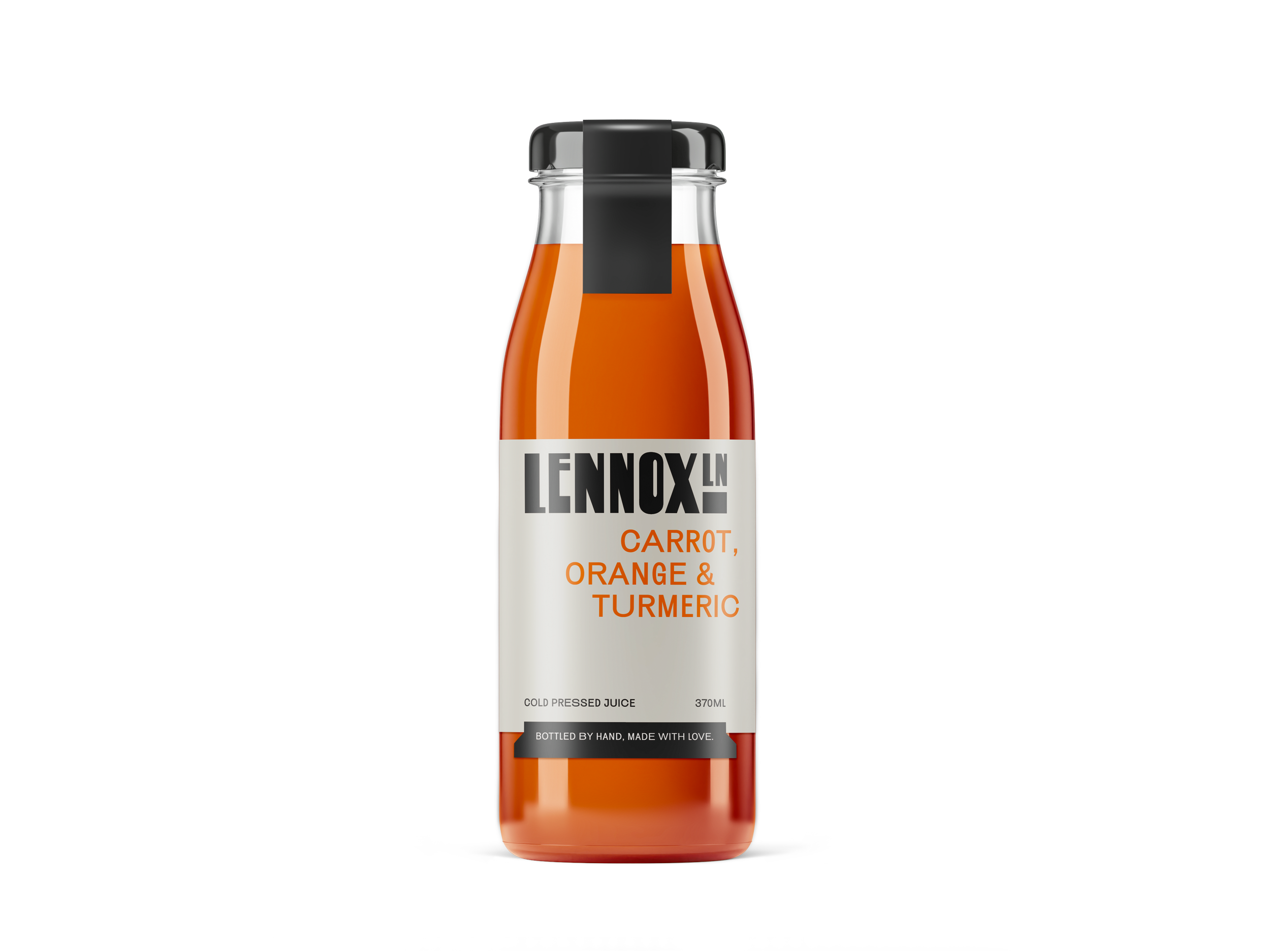 Bottle of Lennox juice with carrot, orange, and turmeric flavor