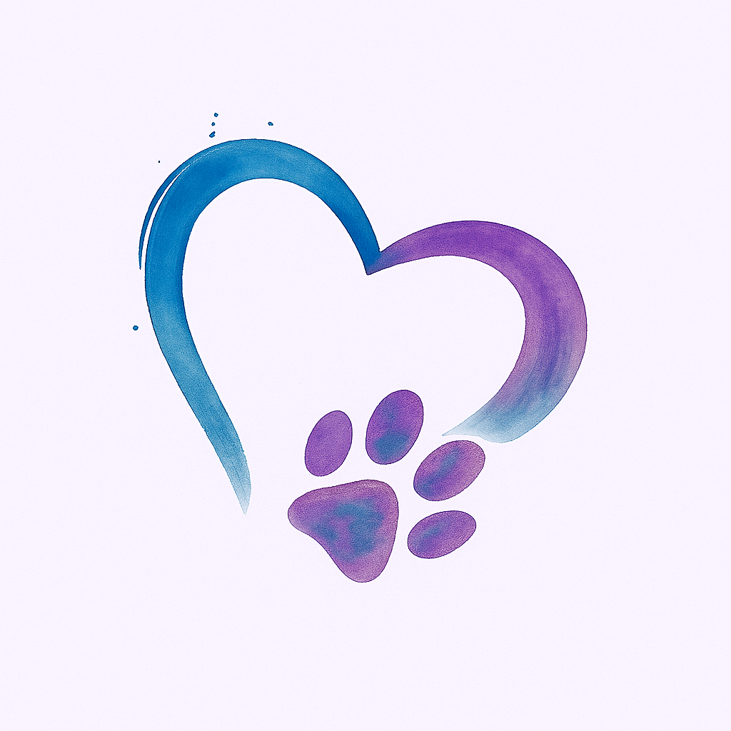 A stylized heart shape created with blue and purple watercolor strokes, with a paw print in purple inside the heart.