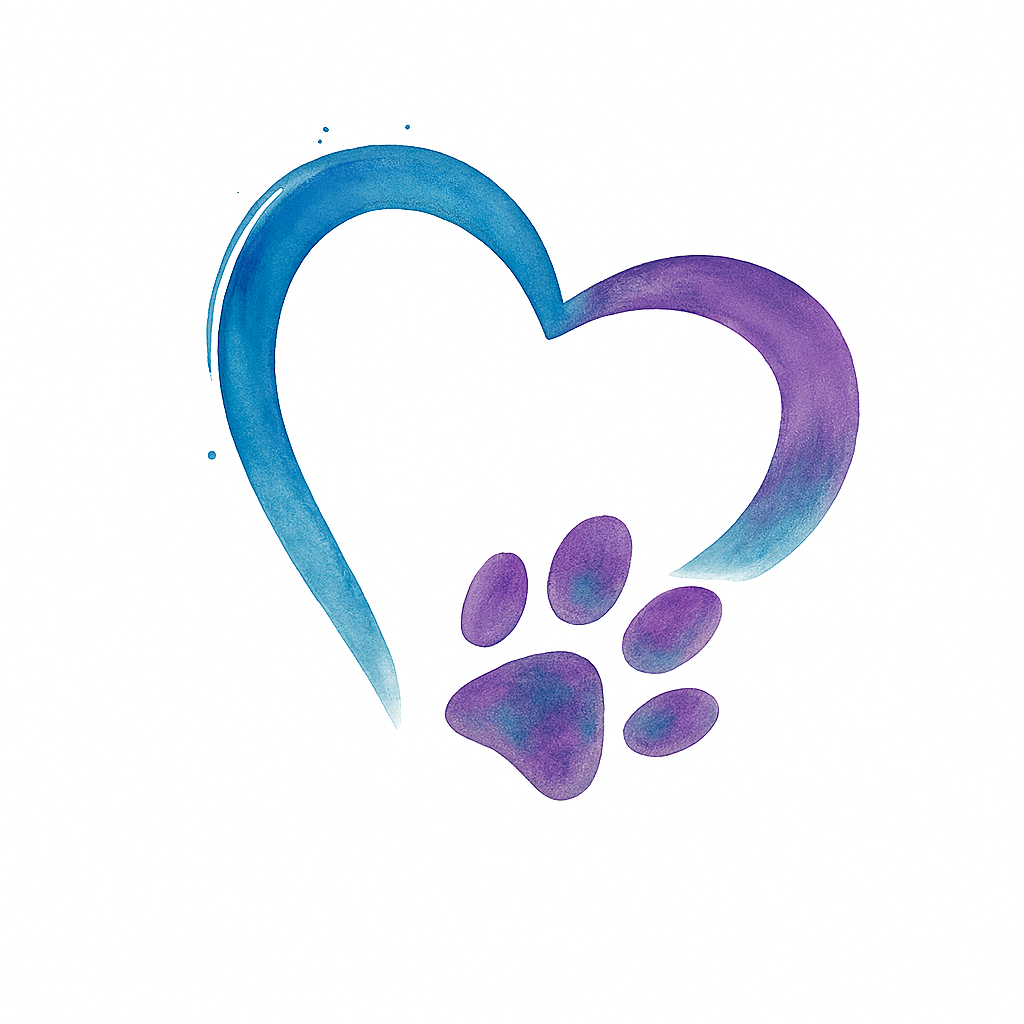 A watercolor illustration of a blue and purple heart with paw print shapes inside it.
