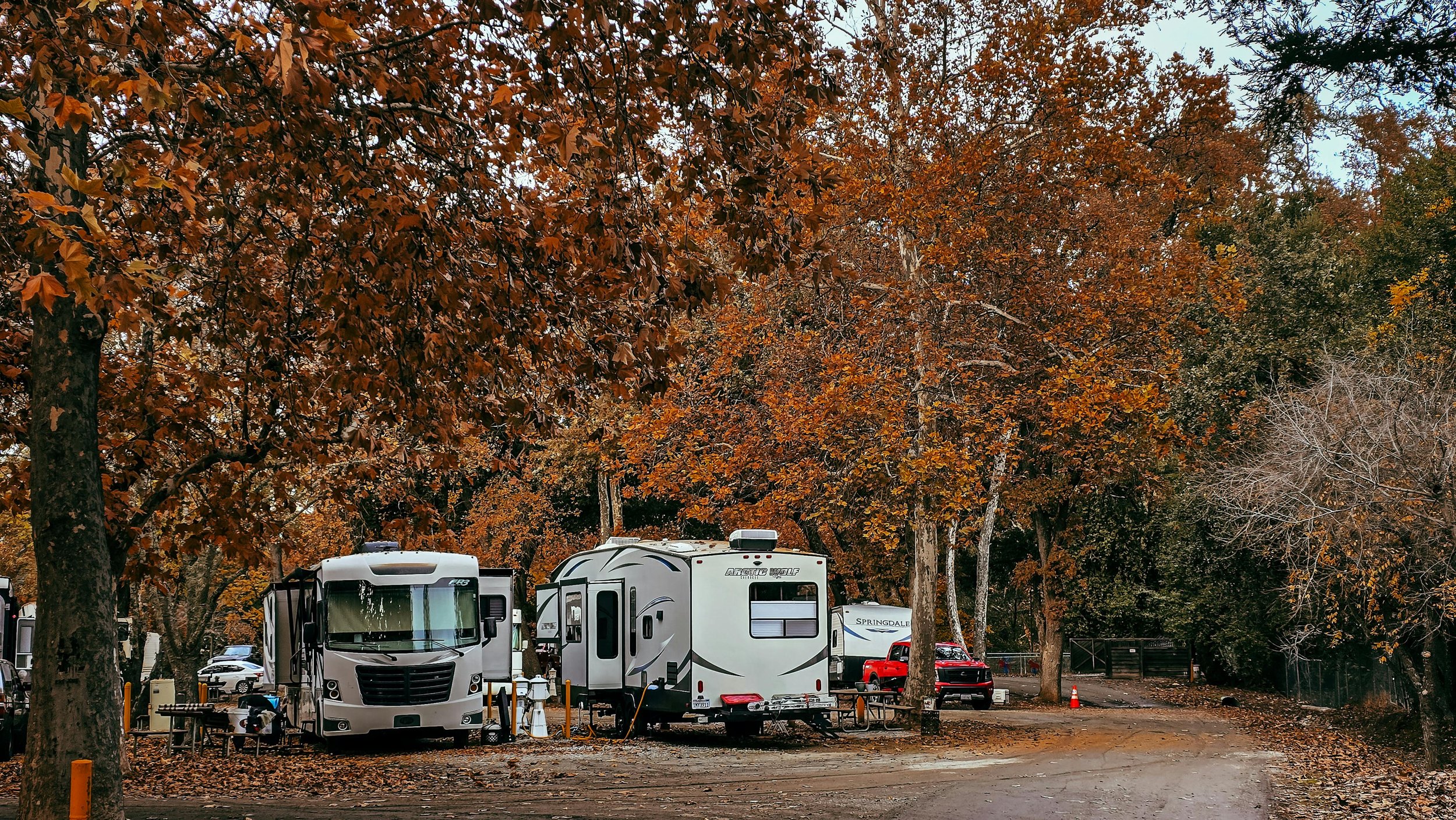 RV park campsites with motorhomes and fall foliage