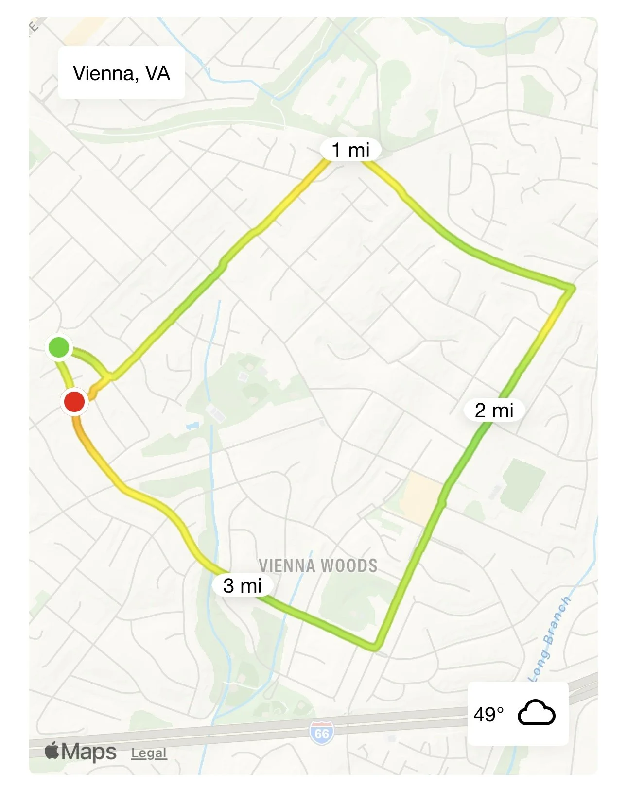 Map showing a running route in Vienna, VA, marked with distance labels at 1, 2, and 3 miles, with a green starting point, and a red finish point, weather icon indicating cloudy weather and temperature of 49°F.