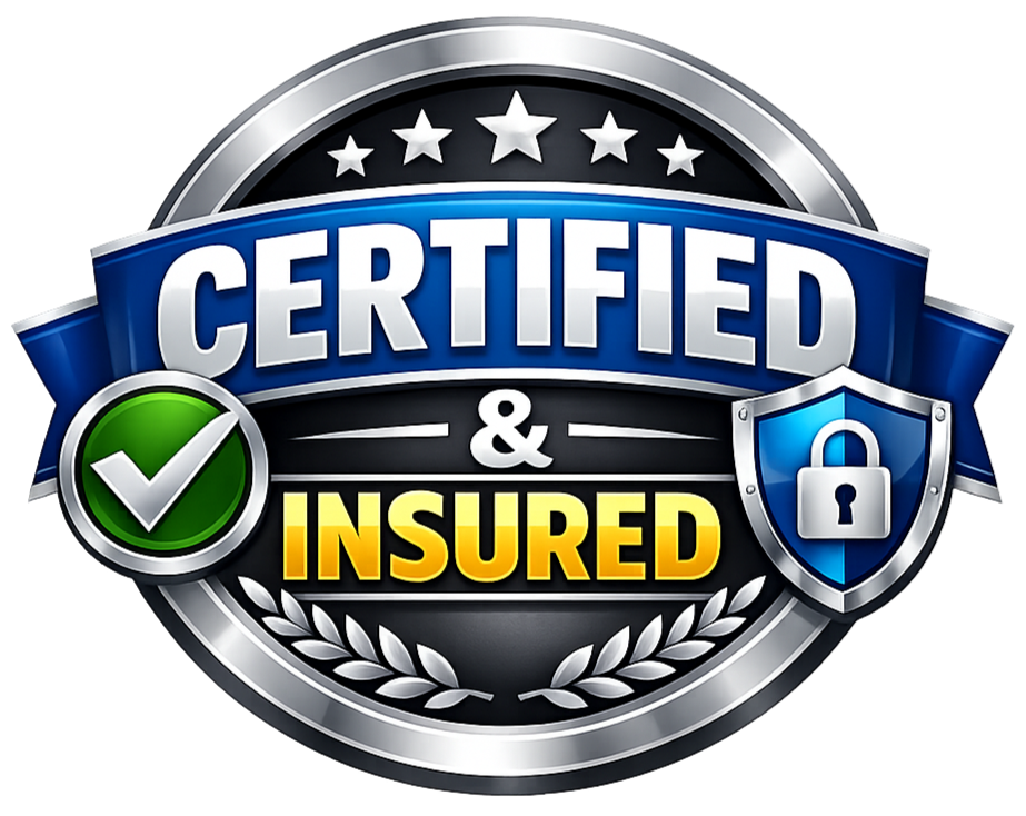 A badge indicating the product is certified and insured, featuring a silver and blue circular design with stars at the top, a green checkmark on the left, and a shield with a lock on the right, with the words "Certified & Insured" in bold letters.