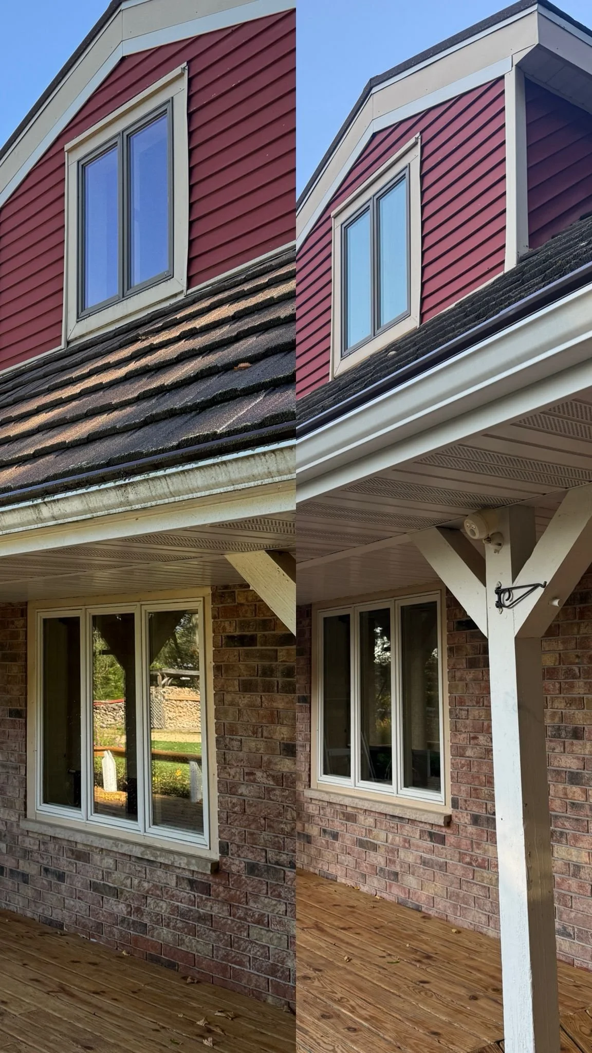 Comparison of an old and new exterior house wall, showing a transition from weathered roof shingles to new siding, and from stained brick to freshly painted trim, with a window and wooden porch.