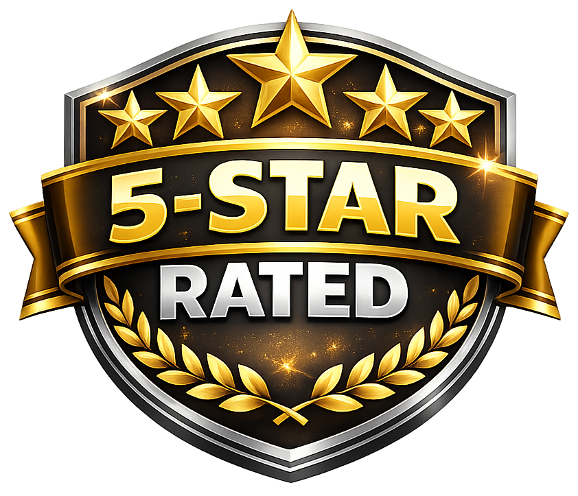 A black shield-shaped badge with gold and silver accents, featuring five gold stars at the top and a gold laurel branch at the bottom. The badge displays the text "5-STAR RATED" in large, bold letters, with "5-STAR" in gold and "RATED" in silver.