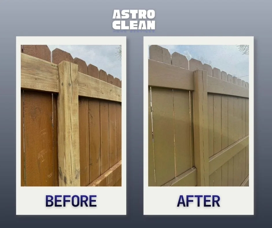 Side-by-side comparison of a wooden fence before and after cleaning or treatment. The "before" side shows a weathered, reddish-brown fence, while the "after" side shows a cleaned or painted, light brown fence. The image is branded with "Astro Clean" 