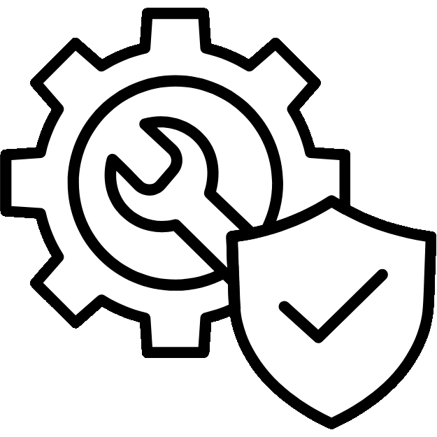 Icon of a gear with a wrench inside and a shield with a checkmark in front, symbolizing secure maintenance or security service.