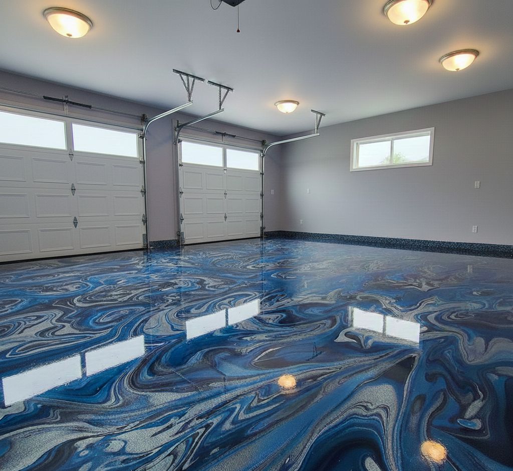 A clean, empty garage with two white doors, a small horizontal window, and light fixtures on the ceiling. The garage floor has a swirling blue, gray, and white epoxy design, reflecting the ceiling lights.