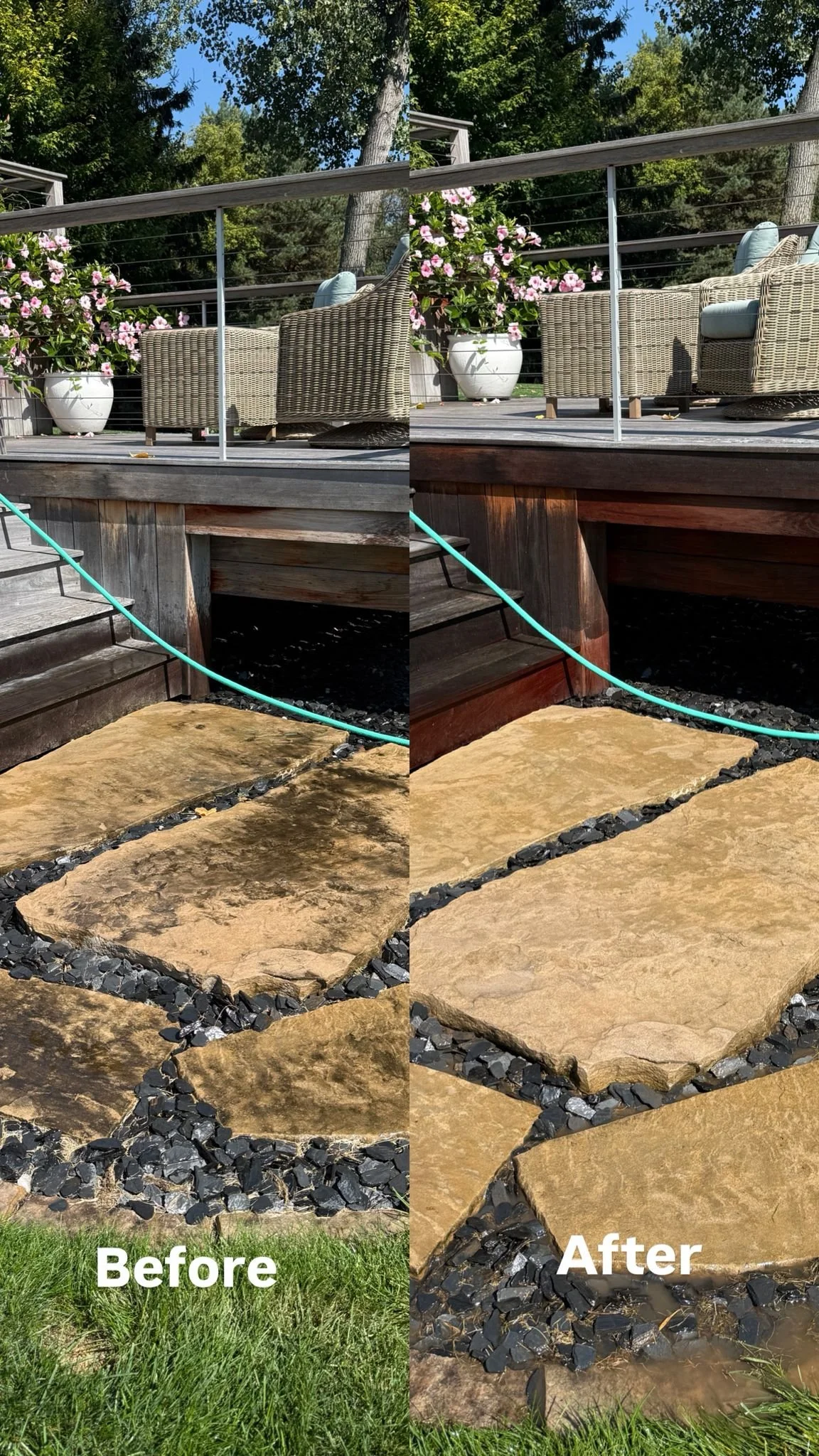 Comparison photo showing a stone pathway before and after renovation. The 'Before' side has larger, darker stones and moss, while the 'After' side has cleaner, lighter stones with a fresh appearance.