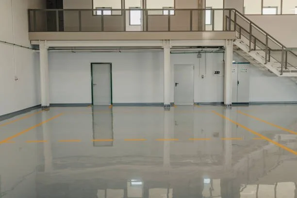 Empty indoor parking area with yellow parking lines and a staircase leading to an upper level.