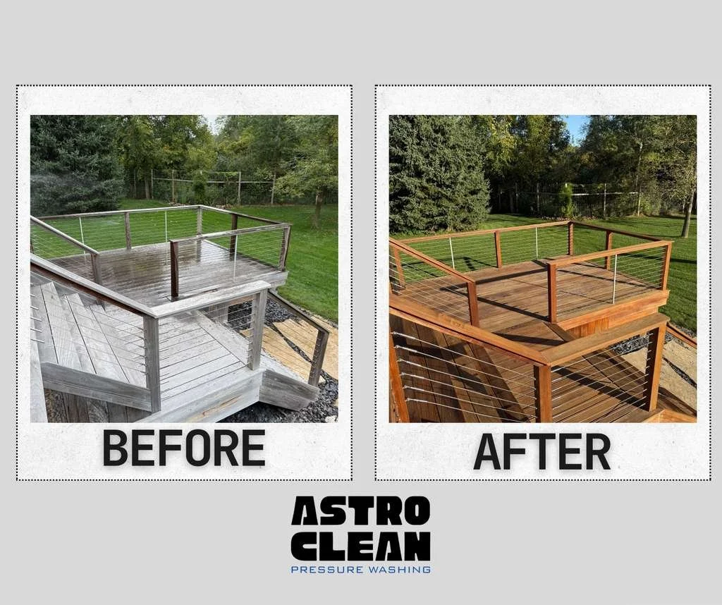 Comparison of a wooden deck before and after cleaning and staining, with the words 'BEFORE' and 'AFTER' and the logo that reads 'ASTRO CLEAN PRESSURE WASHING'.