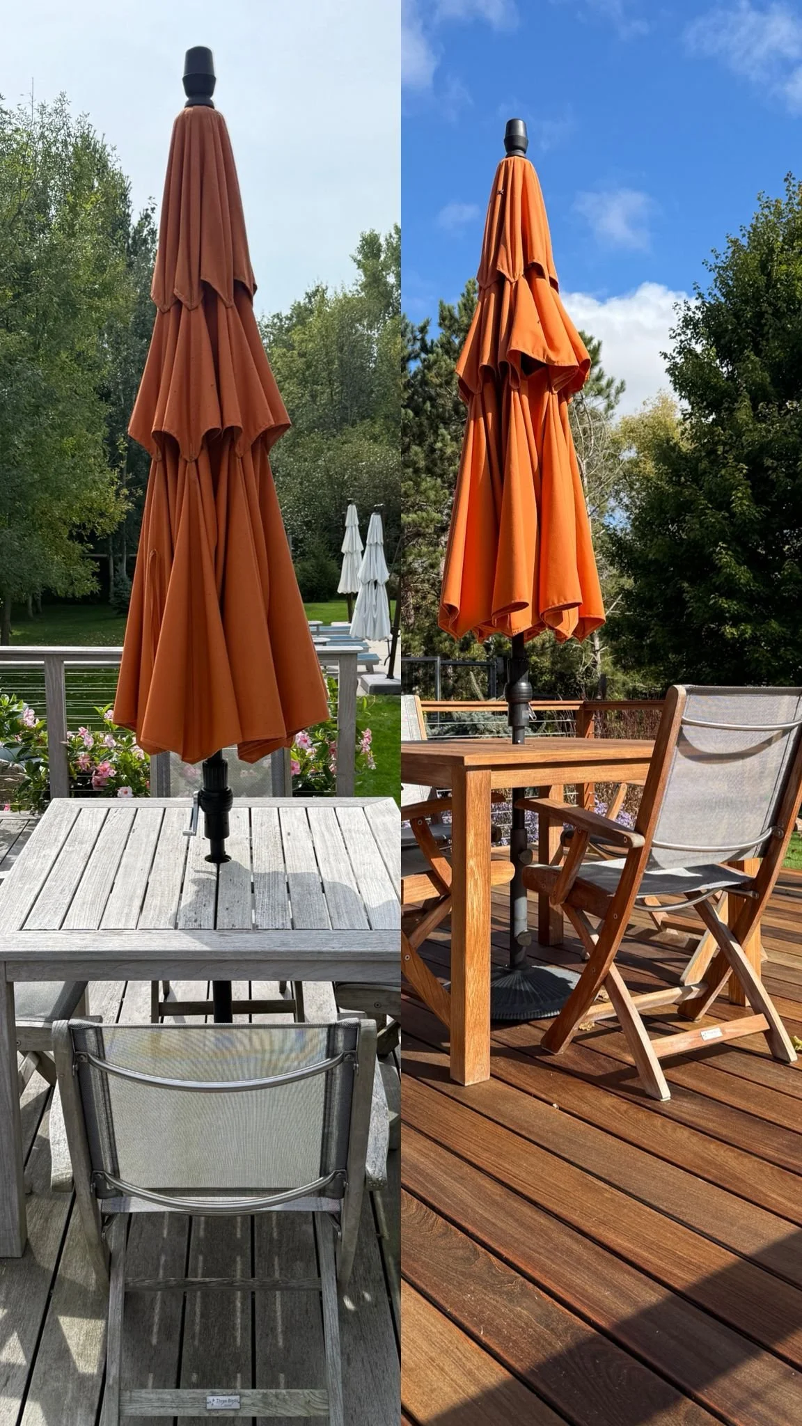 Side-by-side comparison of a patio umbrella on a wooden deck, with the left side showing the umbrella closed and the right side showing it open, surrounded by outdoor furniture, trees, and blue skies.