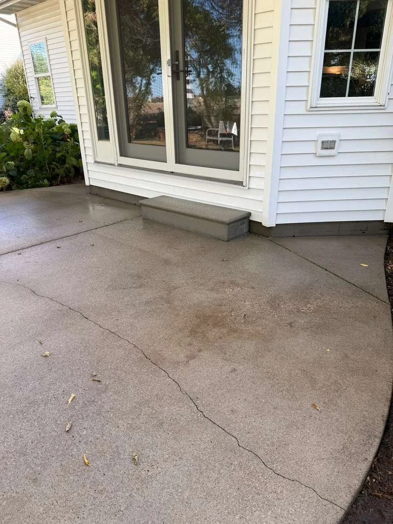 Back patio area with concrete floor, sliding glass door, and white house siding. Small gray step in front of the door, with plants nearby and a reflection of trees in the glass.